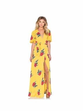 Privacy Please Canary Floral Wrap Maxi Dress with Tie Waist Size XS